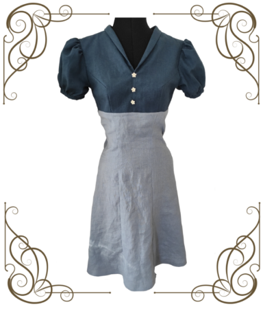 Nähanleitung Vintage Kleid 1940er Jahre mit hoher Taille - fertiges Kleid auf Schneiderpuppe mit Rahmen